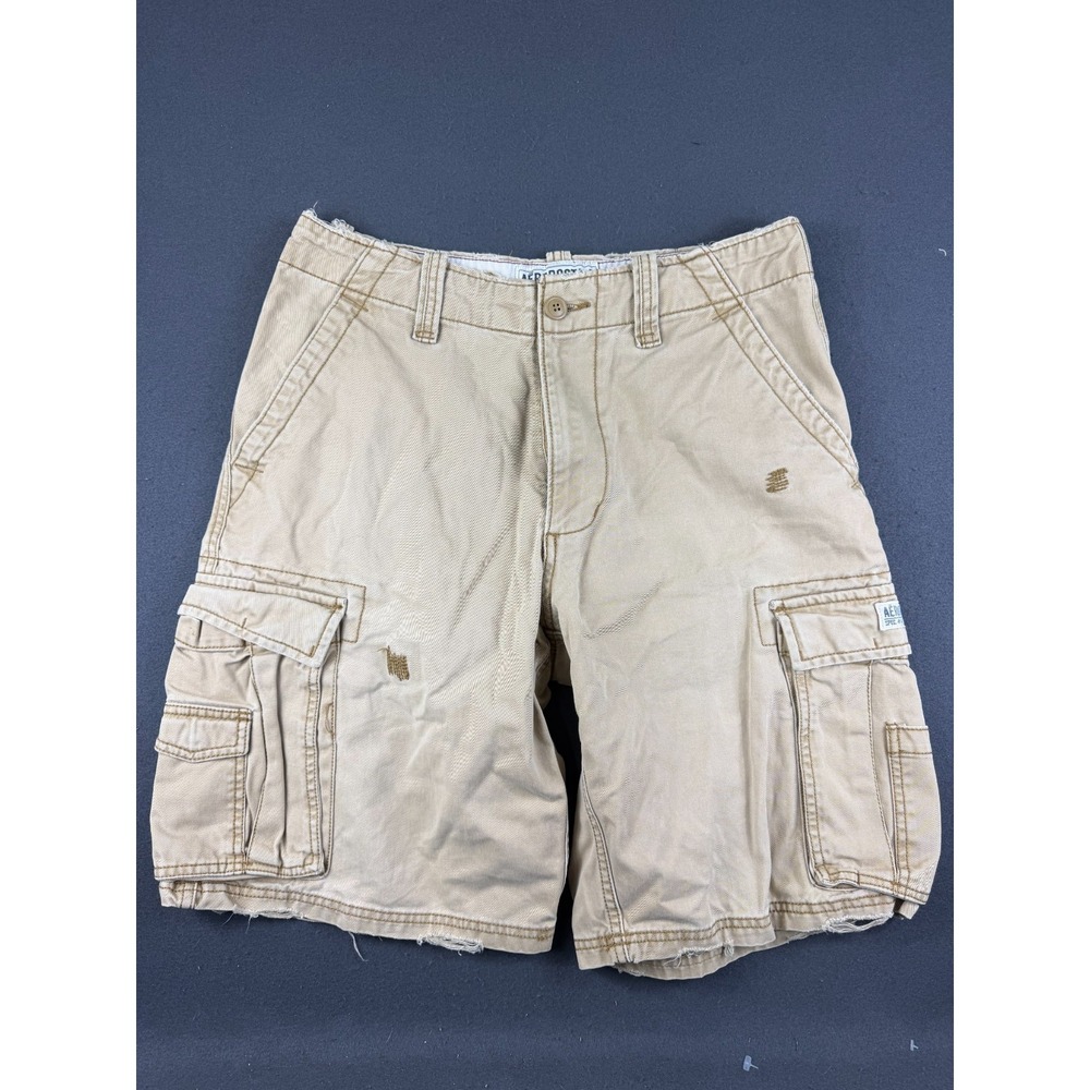Aeropostale Mens Khaki Authentic Cargo Shorts Distressed Flat Front Outerwear 32